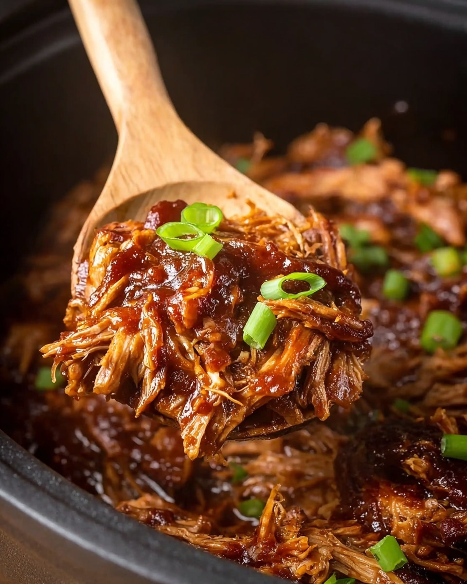 A close-up view of a dark pot filled with several layers of shredded, glossy, brown pulled meat mixed with a thick, rich barbecue sauce, giving a sticky texture. On top of the meat, bright green chopped scallions are scattered for contrast. In the foreground, a wooden spoon lifts a generous, textured scoop of the saucy pulled meat, showing the glistening strands coated in sauce and pieces of meat bits, with some scallions on top. The scene is sharp and detailed with a warm tone, focusing mainly on the pulled meat and spoon. Photo taken with an iphone --ar 4:5 --v 7