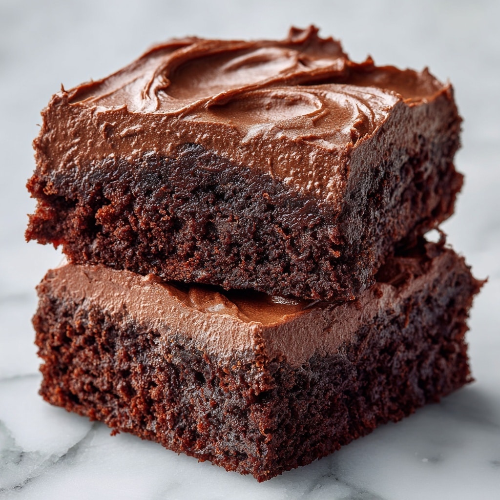 Two thick, square-shaped brownies stacked on top of each other on a white marbled surface. Each brownie has two visible layers: a dense, dark brown base with a slightly crumbly texture, and a smooth, glossy chocolate frosting layer on top. The edges of the brownies are slightly rough with small cracks, showing the moist interior. The top frosting layer has a few soft, uneven swirls giving a rich and creamy look. Photo taken with an iphone --ar 4:5 --v 7