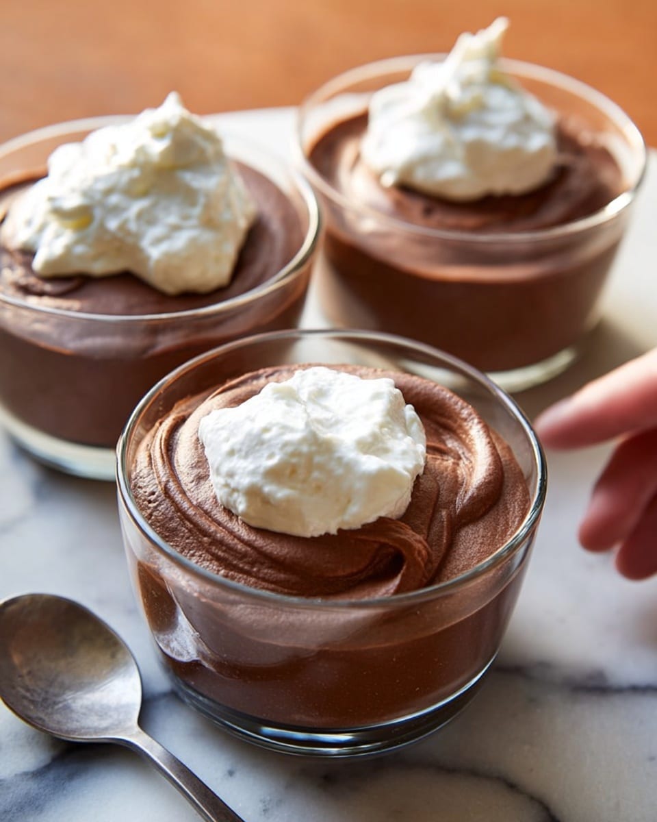 Three small clear glass bowls each hold two layers: the bottom layer is a rich, smooth, dark brown chocolate mousse with a fluffy texture and gentle swirls on the surface; the top layer is a dollop of bright white whipped cream with a soft and airy texture, placed slightly off-center. The bowls sit on a white marbled texture surface, and a shiny silver spoon is placed next to the bowl in front, with a woman's hand partially visible holding the spoon in the background. The scene is lit naturally, highlighting the creamy textures and soft contrasts. photo taken with an iphone --ar 4:5 --v 7