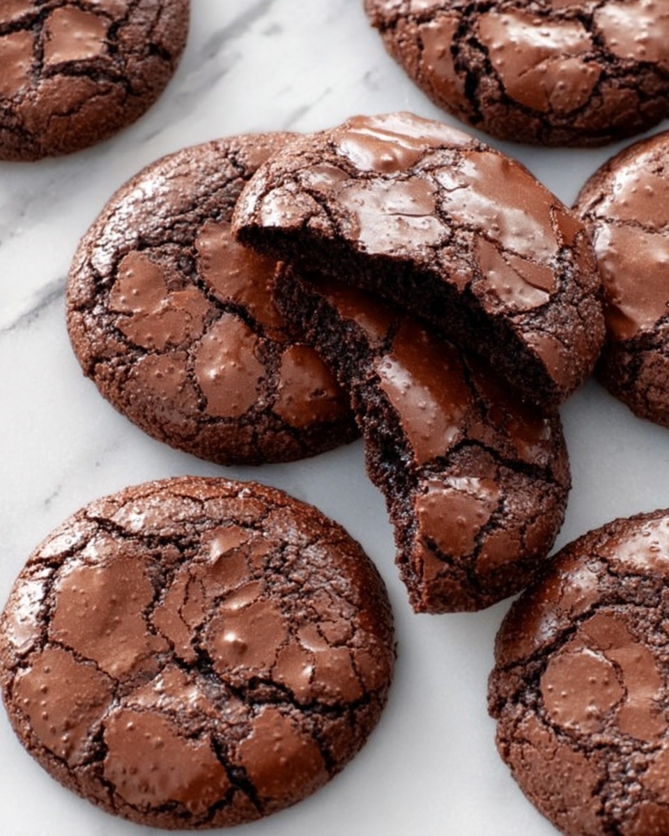 A group of soft, round chocolate cookies with a cracked, shiny top layer are laid out on a white marbled surface. Each cookie is dark brown, with visible textured cracks revealing a slightly softer middle beneath the crisp surface. One cookie is broken in half, showing a rich, moist inside that looks fudgy and dense. The cookies overlap slightly, creating a casual, inviting arrangement. photo taken with an iphone --ar 4:5 --v 7