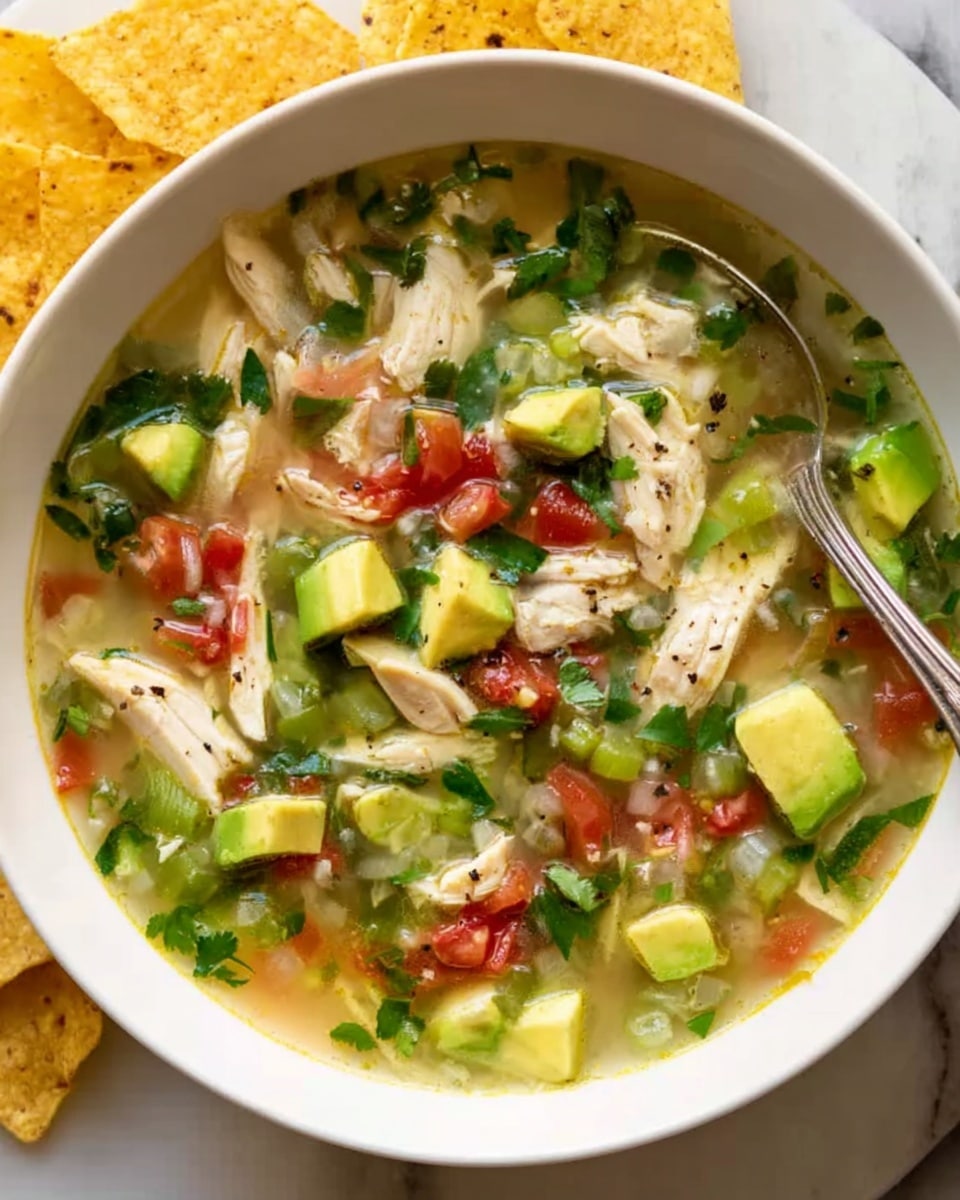 A white bowl filled with a colorful chicken and vegetable soup with a broth base, containing visible pieces of shredded white chicken, bright green avocado chunks, red tomato bits, and finely chopped greens like cilantro and green onions. The soup has a fresh, light texture with a slight shine on the surface, and some black pepper scattered on top. A silver spoon rests inside the bowl on the left side. Around the bowl are light yellow tortilla chips placed on a white marbled surface. Photo taken with an iphone --ar 4:5 --v 7