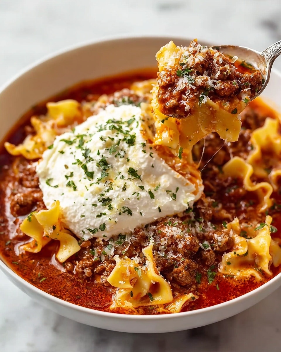 A close-up of a white bowl filled with rich red meat sauce, tender curly lasagna noodles, and a large dollop of creamy white ricotta cheese in the center, sprinkled with green parsley and grated Parmesan cheese. A spoon lifts a scoop showing layers of noodles, ground beef, and cheese, all coated in the thick red sauce. The bowl sits on a white marbled surface. photo taken with an iphone --ar 4:5 --v 7