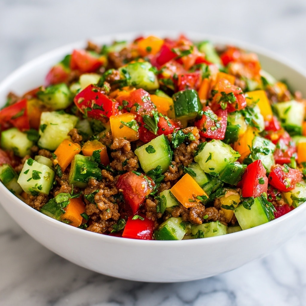 The image shows a white bowl filled with a colorful salad made of small diced pieces. The bottom layer is green cucumber cubes with a fresh texture, mixed evenly with bright red tomato chunks and small orange bell pepper pieces. On top, there is a layer of cooked minced brown meat spread all over. The mix looks fresh and juicy with some green herbs sprinkled throughout. The bowl sits on a white marbled surface, and the lighting highlights the fresh colors and textures. Photo taken with an iphone --ar 4:5 --v 7