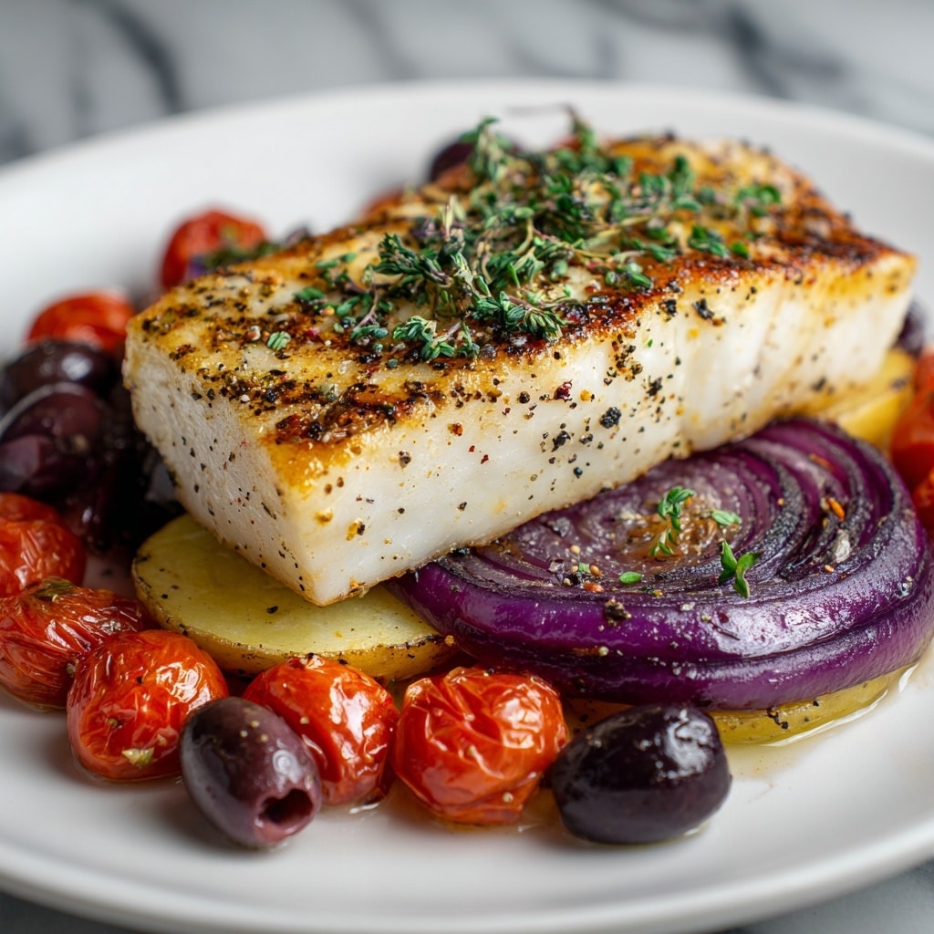 A white plate holds a thick, grilled white fish fillet, lightly browned and seasoned with black pepper and small green herb sprinkles on top. The fish sits on a base made of purple-red onion rings with a few slices of light yellow potatoes underneath. Around the fish, there are shiny black and green olives, along with bright red roasted cherry tomatoes scattered evenly on the plate. The background is a white marbled surface and the lighting highlights the textures of the fish and vegetables clearly. photo taken with an iphone --ar 4:5 --v 7