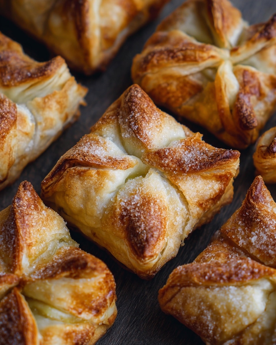 The image shows several golden-brown puff pastry turnovers with a slightly shiny, sugary crust sprinkled on top. Each turnover has a folded design with four triangular flaps folded towards the center, giving a layered look with visible flaky edges. The texture is crisp and bubbly, with some darker browned spots and a light, soft-looking inside peeking through small openings. They are placed on a white marbled textured surface, arranged closely but not overlapping. Photo taken with an iphone --ar 4:5 --v 7