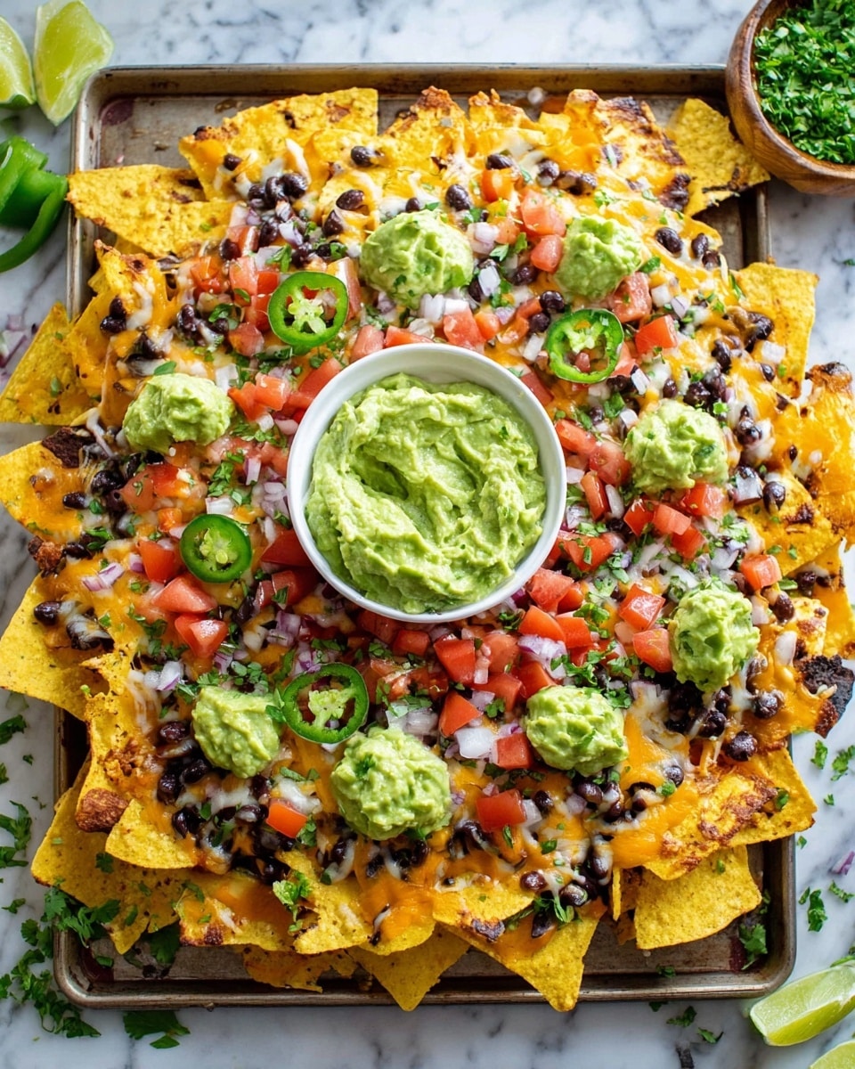 A metal tray filled with a single layer of golden yellow tortilla chips, topped unevenly with melted orange and white shredded cheese, dark brown refried beans, and bright red diced tomatoes mixed with small white onion pieces and green cilantro. On top, there are fresh green sliced jalapeños and dollops of light green guacamole spread across. In the center, a white bowl holds a thick, chunky, light green guacamole. The tray is placed on a white marbled surface with some chopped cilantro scattered around. photo taken with an iphone --ar 4:5 --v 7
