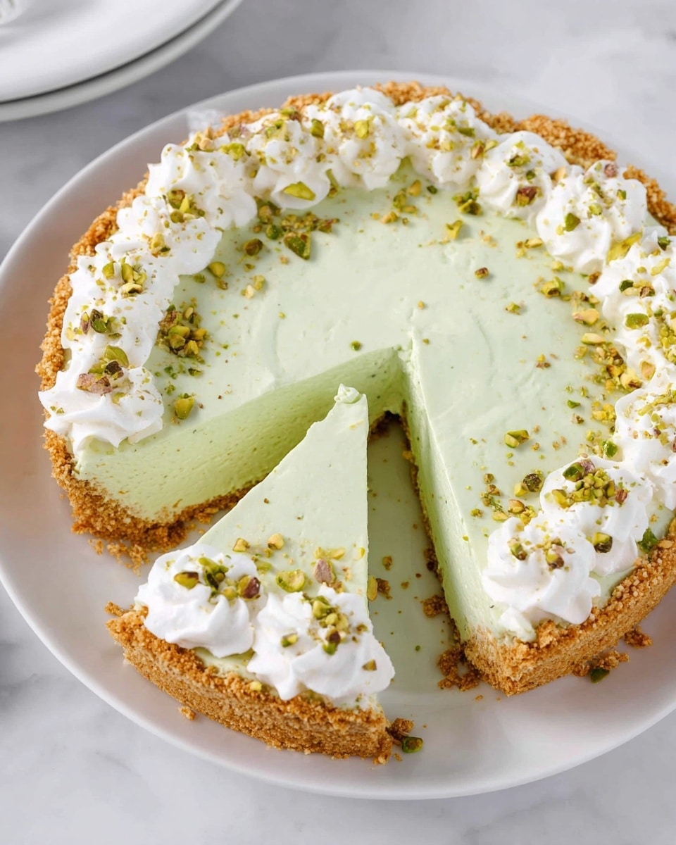A round pie with a golden-brown crumbly crust forms the base, topped with a thick layer of smooth, light green filling. Around the edge of the pie is a neat ring of white whipped cream, decorated with small chopped green pistachio nuts scattered on top of the cream and filling. Two triangular slices are cut and slightly separated from the pie, showing the creamy texture inside. The pie is placed on a white plate against a white marbled background. photo taken with an iphone --ar 4:5 --v 7