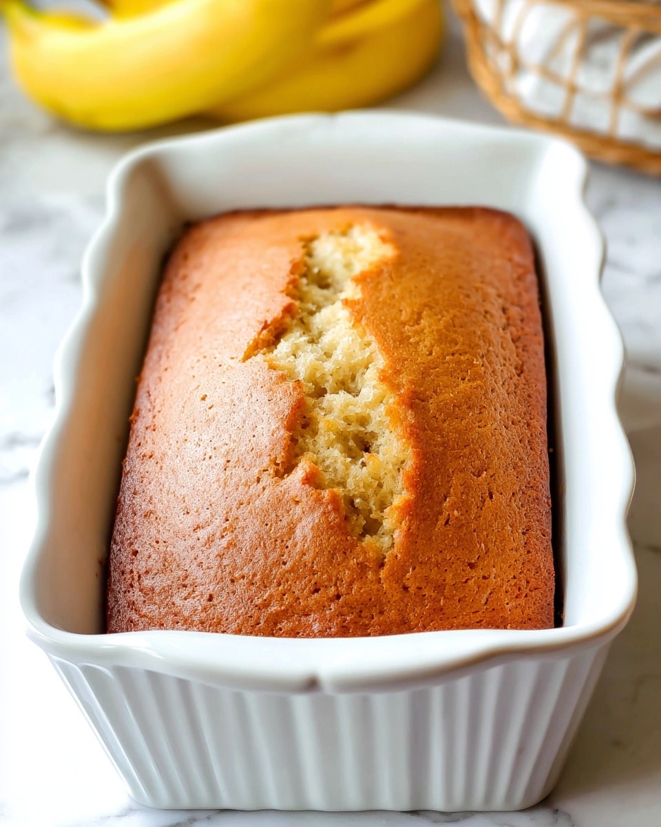 A golden brown loaf cake with a slightly cracked top sits inside a white, scalloped-edge square baking dish. The cake has a smooth texture with a few crumbly spots on its surface, showing it is freshly baked. The edges of the cake gently slope down to meet the sides of the dish. The scene is set on a white marbled surface with blurred bananas and a basket in the background adding a soft touch to the image. Photo taken with an iphone --ar 4:5 --v 7