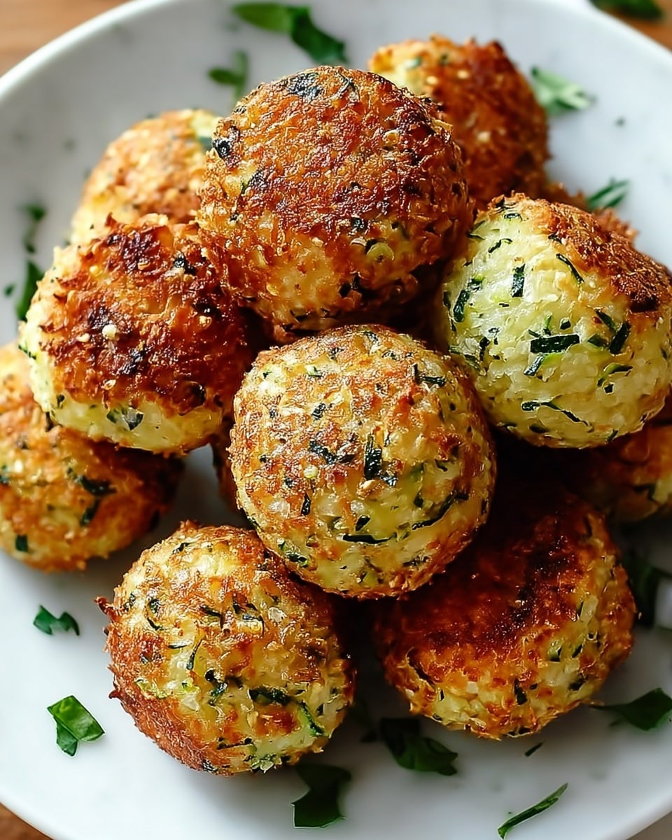 The image shows a white plate filled with golden-brown crispy balls made of finely shredded vegetables and herbs. Each ball has a rough, crunchy texture with visible green bits of herbs and zucchini inside, giving the surface a speckled look. They are stacked closely, showing their round shape and evenly fried surfaces with some darker spots. The plate sits on a white marbled surface with a few scattered green herb leaves for garnish. Photo taken with an iphone --ar 4:5 --v 7