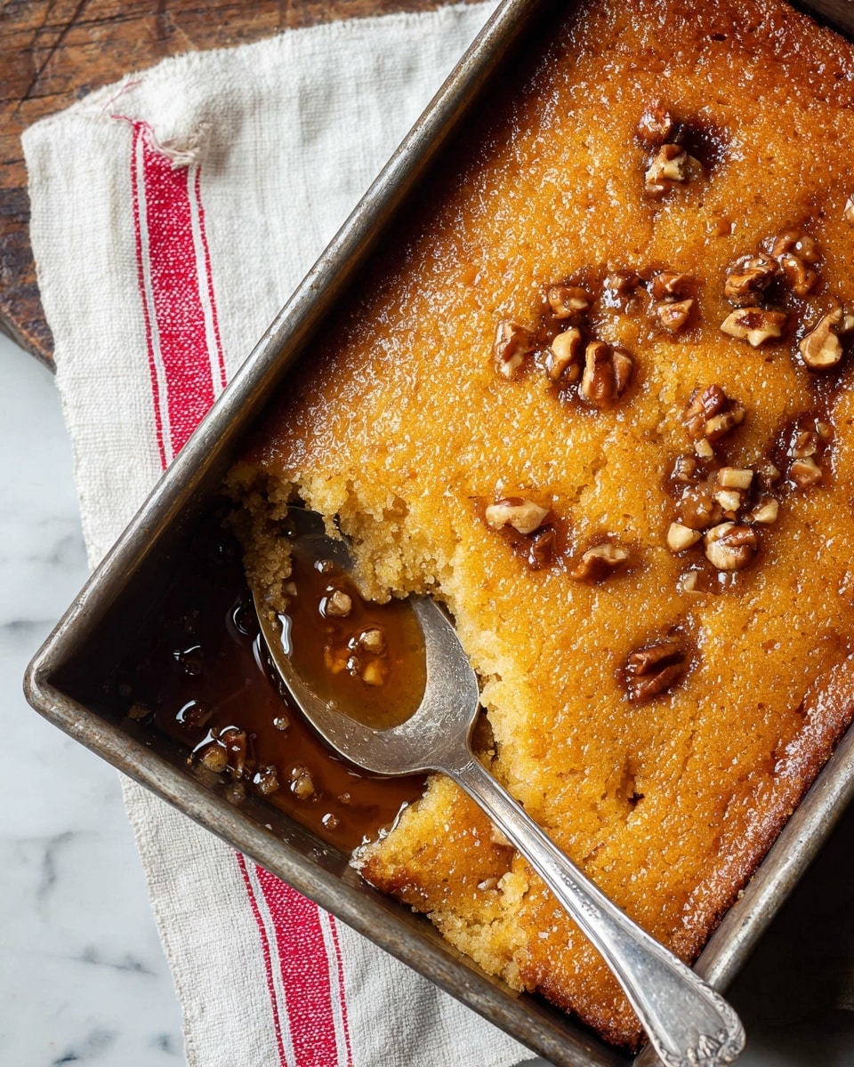A rectangular metal pan holds a golden brown cake with a moist texture, topped with small pieces of chopped nuts scattered across the surface. The cake has a shiny, syrupy layer around the edges, indicating a soaked texture underneath the soft crumb layer. A spoon scoops out a portion from one corner, revealing a soaked, gooey layer beneath the cake. The pan is set on a white cloth with a red stripe, all placed on a white marbled surface. Photo taken with an iphone --ar 4:5 --v 7