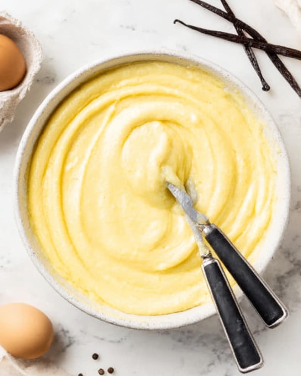 A white bowl filled with smooth, creamy yellow batter swirled in soft peaks. Two black-handled spoons rest inside the batter, one partially dipped and the other lying on top, showing the thick texture. The bowl is set on a white marbled surface with a few eggs and vanilla pods in the background, adding to the homemade feel. Photo taken with an iphone --ar 4:5 --v 7