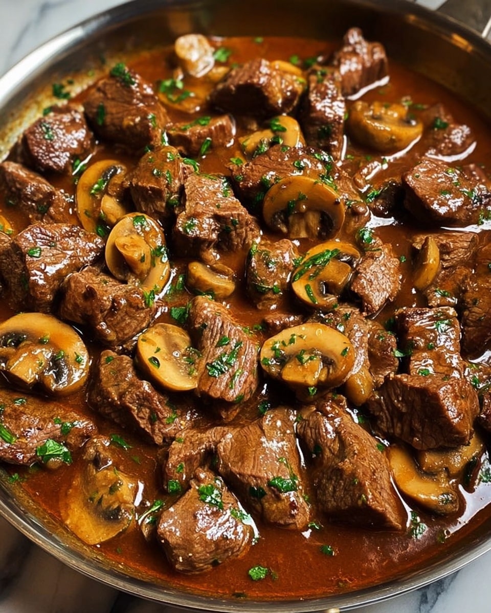 A close-up view of a dish showing many pieces of cooked beef chunks in a rich brown sauce mixed with sliced mushrooms. The beef pieces are medium-sized, tender-looking with slight sear marks, and scattered with bits of green herbs. The sauce is glossy and thick, coating the beef and mushrooms evenly, pooling slightly at the bottom of a pan. The mushrooms are light brown with visible gills, sitting among the beef and sauce, adding texture. The pan rim is metallic and clean, resting on a white marbled surface. photo taken with an iphone --ar 4:5 --v 7