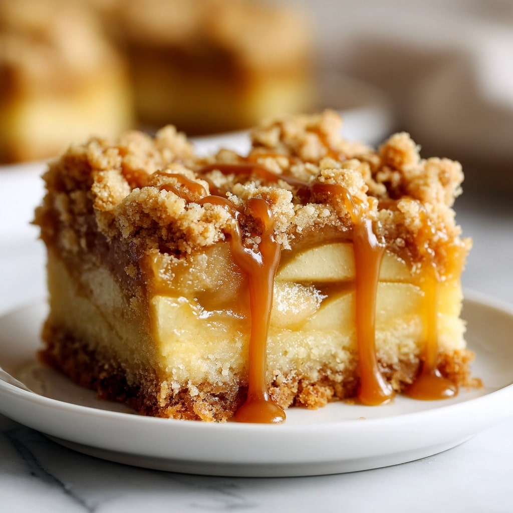 A close-up of a slice of apple crumble bar on a white plate resting on a white marbled surface. The bottom layer is a golden, crumbly crust with a rough texture, topped by a thick layer of soft, cooked apple slices with a light brown color. On top of the apples, there is a glossy layer of caramel sauce dripping slightly down the side. The top layer is a chunky, crumbly streusel with a light brown, crispy texture. The background is softly blurred. Photo taken with an iphone --ar 4:5 --v 7