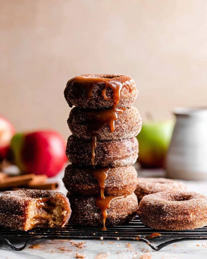 Baked Apple Cider Donuts with Cinnamon Sugar and Caramel Sauce Recipe