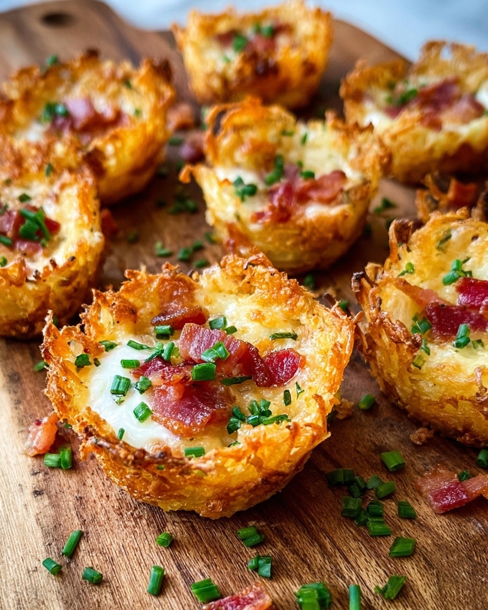 The image shows several small, crispy golden brown potato nests arranged on a wooden board. Each nest is hollow and shaped like a cup with rough, crunchy edges. Inside each cup, there is a white creamy layer topped with small pieces of crispy red bacon and sprinkled with bright green chopped chives. Some chives and bacon bits are scattered around the board, adding texture and color contrast. The lighting highlights the crunchy detail of the potato nests and the creamy smoothness of the filling. photo taken with an iphone --ar 4:5 --v 7