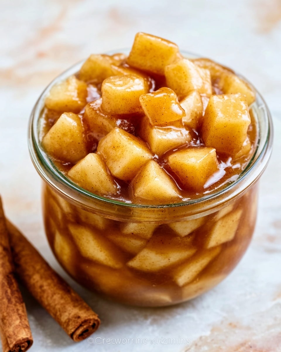 The image shows a glass jar filled with small, cubed apple pieces covered in a shiny, light brown cinnamon sauce. The apple cubes are stacked inside the jar, with the sauce giving a smooth, glossy texture around them. The jar sits on a white marbled surface, with a cinnamon stick placed beside it. The colors are warm shades of light brown, golden, and cream. The jar is clear, showing the thick sauce dripping slightly down the apple pieces inside. Photo taken with an iphone --ar 4:5 --v 7
