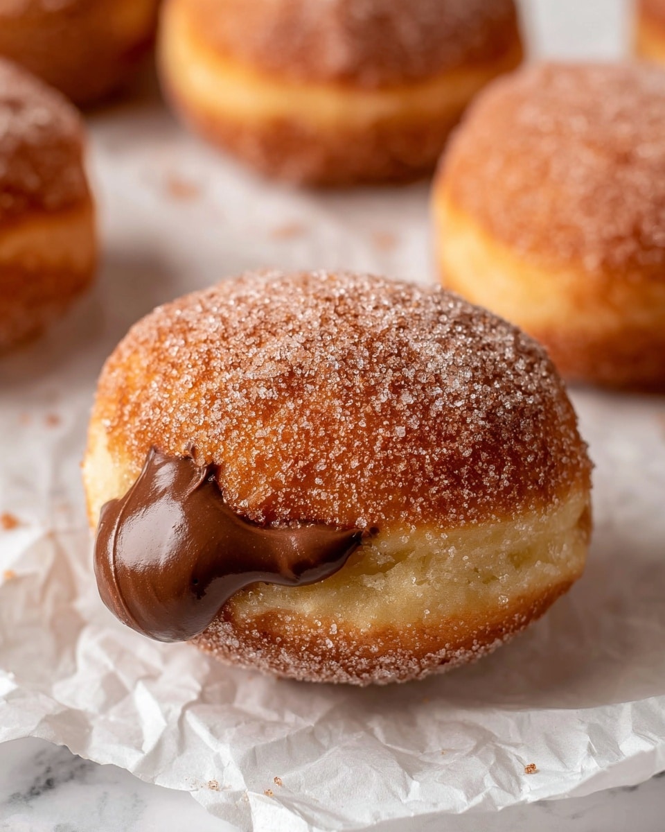 The image shows a round doughnut with a golden-brown outer layer covered in sugar crystals that give it a slightly rough texture. The doughnut has two visible layers: the top is a lightly browned sugar-coated crust, and the bottom is a pale, soft dough layer. A thick dollop of glossy, smooth chocolate filling is oozing out from one side near the base. The doughnut is resting on crumpled white paper, with other similar doughnuts blurred in the background on a white marbled texture. photo taken with an iphone --ar 4:5 --v 7