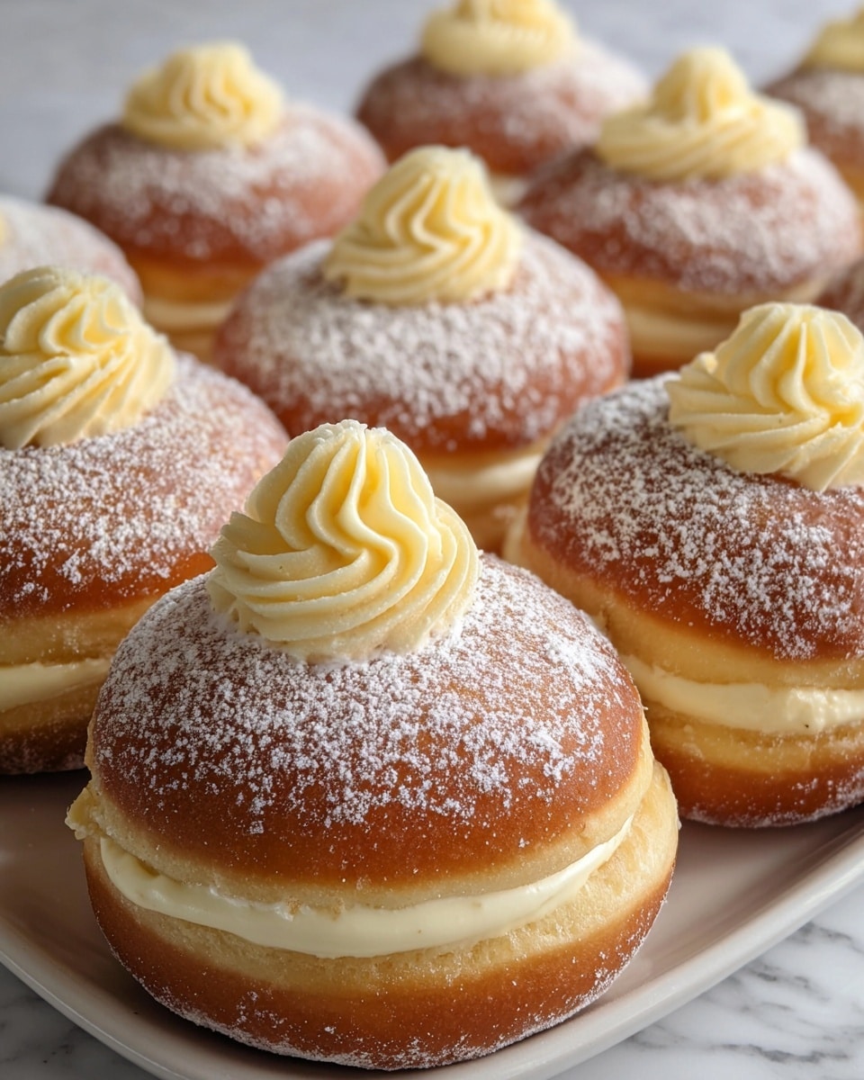 The image shows several round cream-filled doughnuts arranged closely on a white plate. Each doughnut has two layers: a golden brown dough base and a thick, smooth cream filling in the middle. The tops of the doughnuts are dusted with a light layer of powdered sugar, and on the very top of each is a swirl of pale yellow cream, piped in a decorative pattern. The doughnuts have a soft, slightly textured surface, and the cream looks smooth and rich. The background is a white marbled texture. Photo taken with an iphone --ar 4:5 --v 7