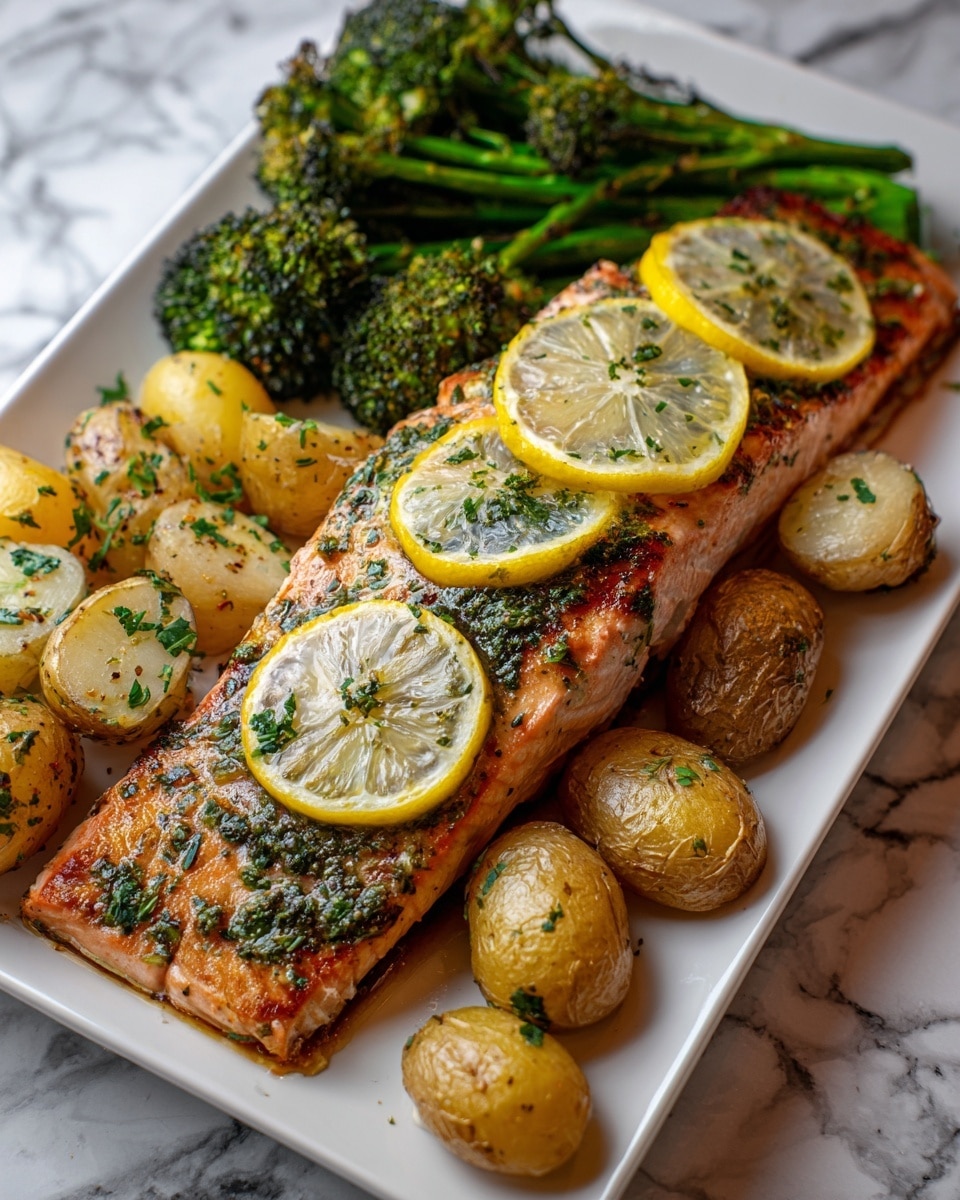 A large white rectangular plate holds a cooked salmon fillet in the center, with its surface showing a golden brown, slightly crispy texture sprinkled with green herbs. Two thin, grilled lemon slices sit on top of the salmon, adding a bright yellow contrast. Surrounding the fish on the left and bottom sides are several small roasted potatoes, browned with a crispy outer skin and sprinkled with herbs. On the right side of the salmon, there are bunches of roasted broccoli, with dark green florets showing some charred edges, giving a roasted texture. The plate is placed on a white marbled surface. photo taken with an iphone --ar 4:5 --v 7
