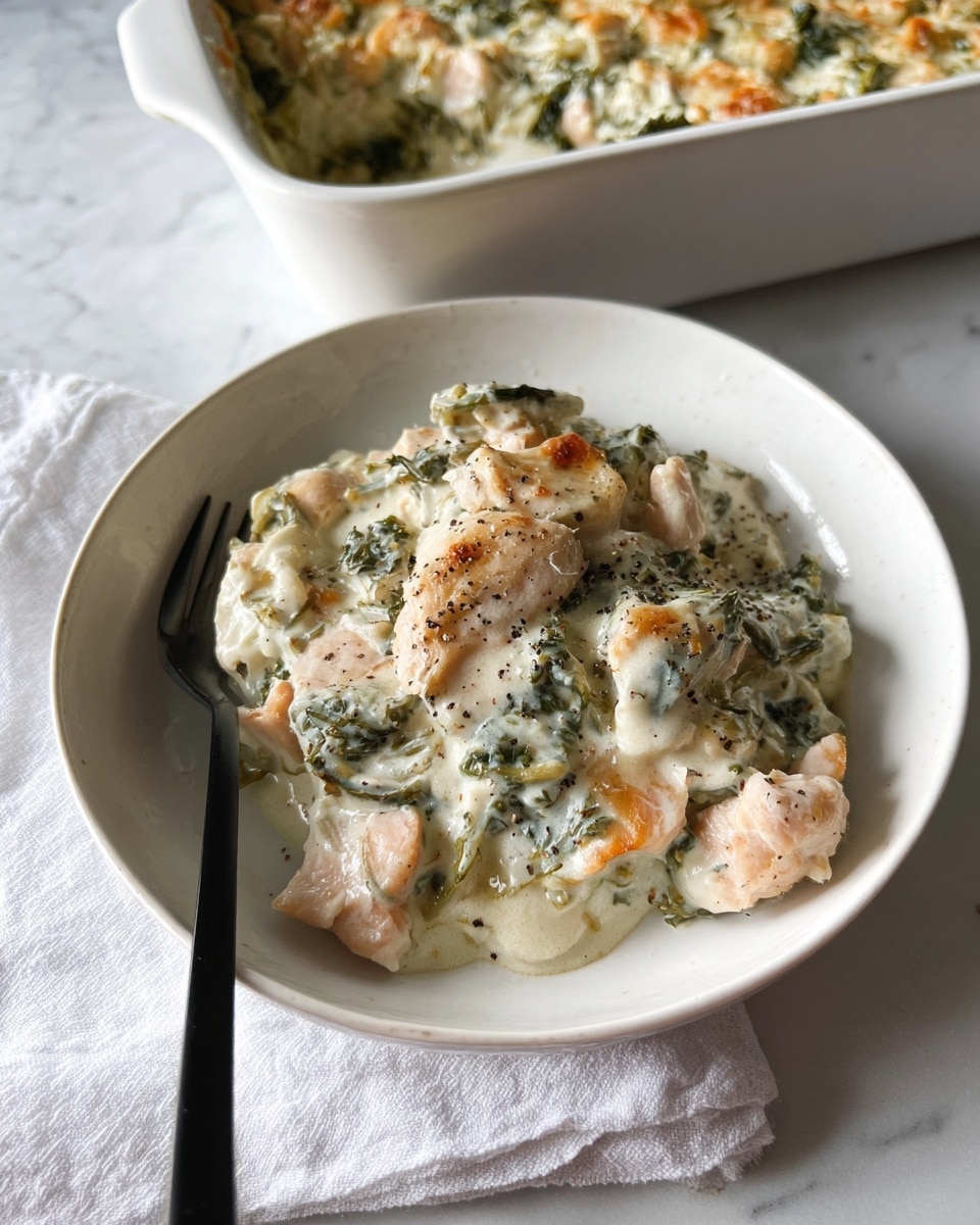A creamy dish is served in a white bowl, showing thick layers of a white sauce mixed with pieces of light pink chicken and green leafy vegetables, all with a slightly browned top. The texture looks soft and rich, with some specks of black pepper on top. A black fork lies on the side of the bowl. Behind, a white baking dish filled with the same creamy mixture is partly visible. The whole setting rests on a white marbled surface with a white cloth nearby. photo taken with an iphone --ar 4:5 --v 7