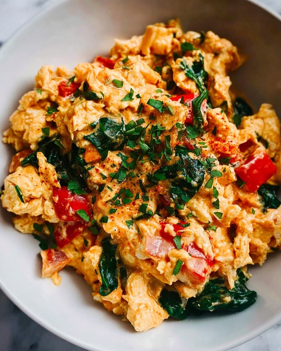 A close-up view of a dish in a white bowl filled with scrambled eggs mixed with a sauce that is light orange in color, with visible chunks of cooked onions, pieces of red bell pepper, and bright dark green spinach leaves scattered throughout. The eggs are soft and lightly textured, blending well with the creamy sauce and vegetables. The dish has small flecks of chopped fresh herbs sprinkled on top, adding a hint of green contrast against the warm colors. The bowl sits on a white marbled surface. photo taken with an iphone --ar 4:5 --v 7