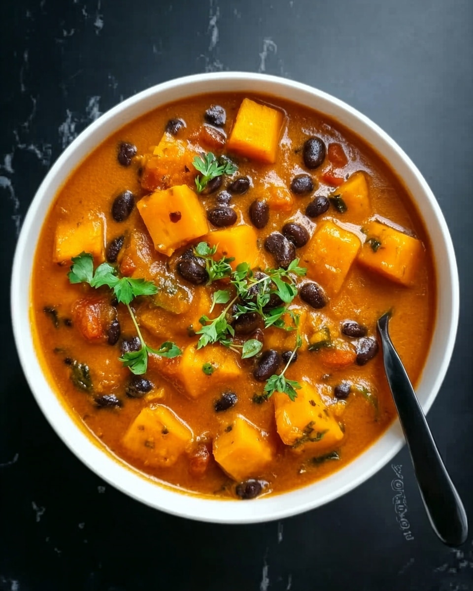 The image shows a white bowl filled with a thick orange stew that has large cubes of yellow-orange squash and black beans mixed inside. There are fresh green herb leaves and small sprigs on top for garnish. A black spoon is placed inside the bowl on the right side, partly submerged in the stew. The bowl sits on a white marbled surface, making the colors of the stew stand out clearly. Photo taken with an iphone --ar 4:5 --v 7
