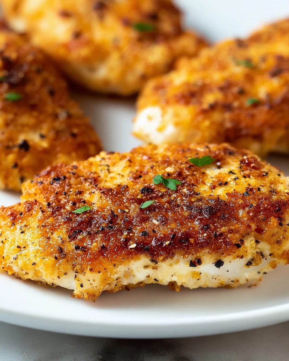 The image shows three pieces of cooked chicken breasts lying on a white plate, placed on a white marbled surface. Each chicken breast piece has a crispy golden brown crust with a slightly rough texture and specks of black pepper and seasoning visible on the surface. The crust looks crunchy with some darker browned spots, indicating it has been well-cooked. Small bits of fresh green herbs are scattered on the top of the chicken, adding a touch of color contrast to the golden brown crust. In the background, two more pieces of similarly cooked chicken are slightly out of focus. photo taken with an iphone --ar 4:5 --v 7