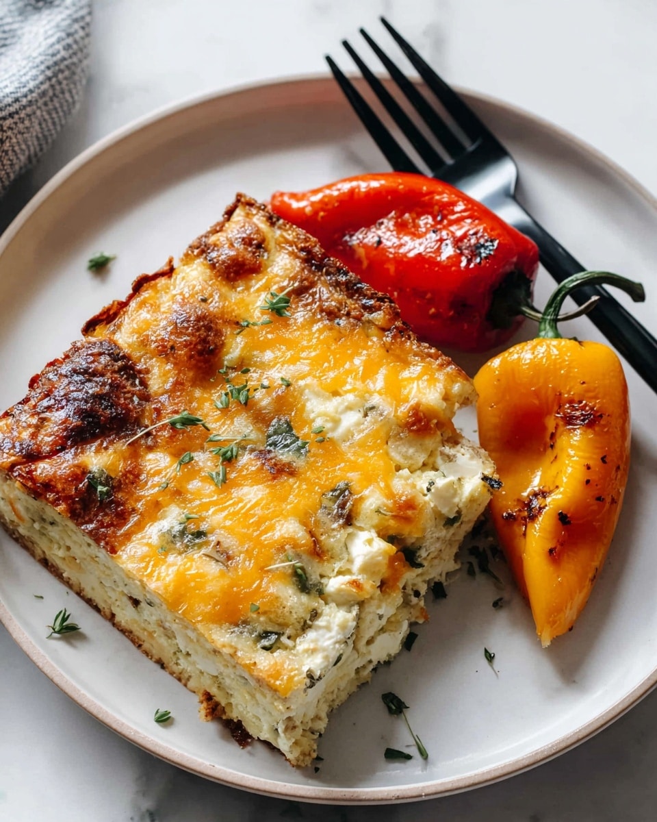 A white plate holds a thick, square piece of baked casserole with three visible layers: a bottom layer of light, fluffy egg mixture mixed with chunks of white cheese and green herbs, a middle layer showing bits of orange cheddar cheese melted unevenly, and a top layer of golden-brown melted cheese with some browned spots and sprinkled with small green herb pieces. Next to the casserole are two roasted mini bell peppers, one red and one yellow, with a glistening surface and bits of chopped garlic and herbs on them. A black fork lies on the right side of the casserole, placed on a white marbled tabletop. photo taken with an iphone --ar 4:5 --v 7