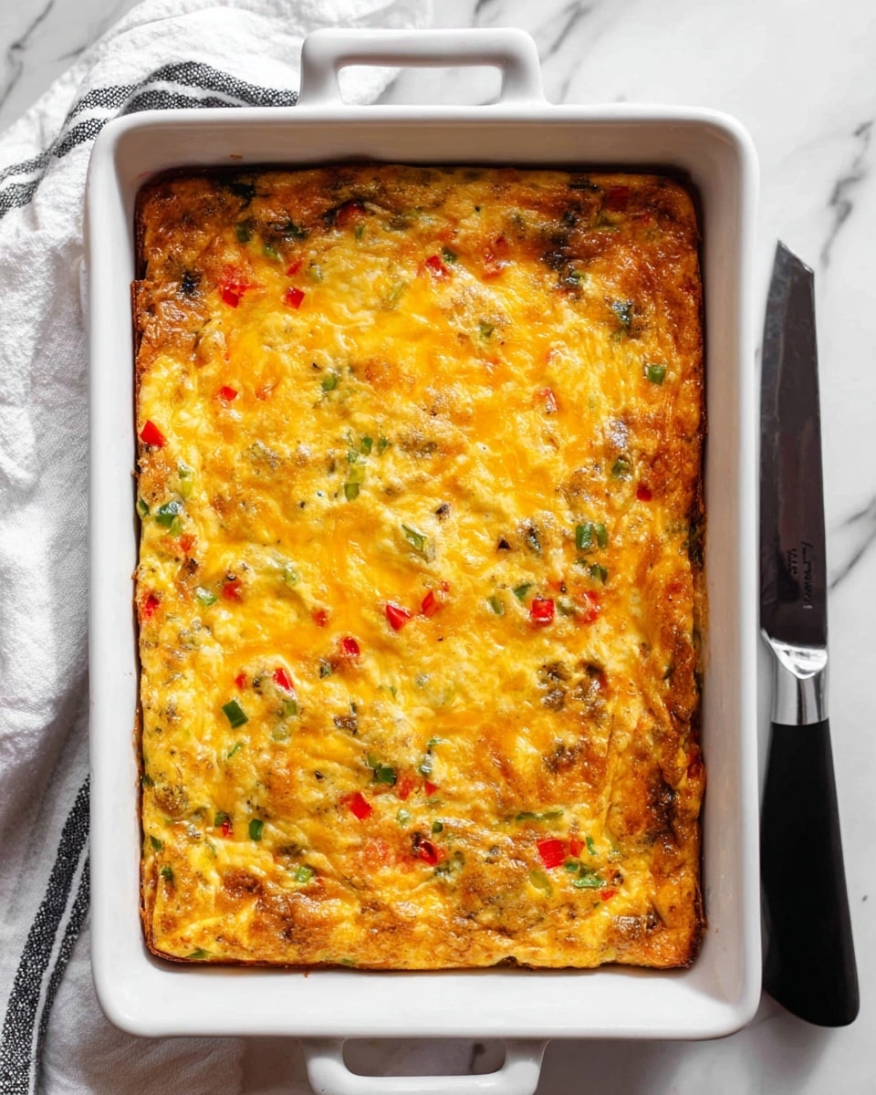 A rectangular white ceramic baking dish filled with a baked egg casserole, showing a golden-yellow top layer with melted cheese and scattered small bits of red and green vegetables, likely bell peppers. The casserole surface is bubbly and slightly browned on the edges, with a textured look from the mixed vegetables inside. The dish is set on a white marbled surface with a black-handled knife on the right side and a white cloth with gray stripes nearby. photo taken with an iphone --ar 4:5 --v 7