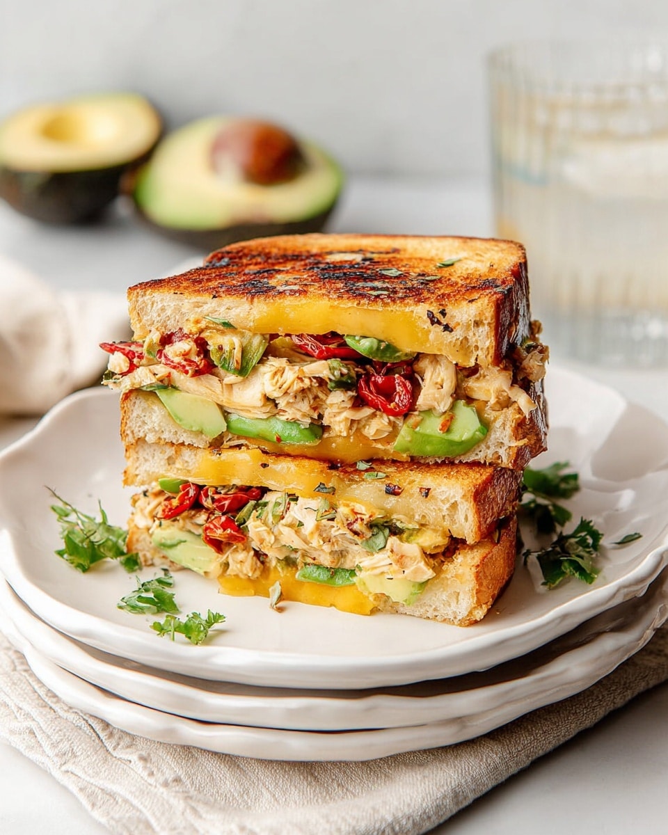 The image shows a grilled sandwich cut into two stacked halves on a white scalloped plate, which sits on two more white plates. The sandwich has three layers of thick toasted bread with a golden-brown crust. The bottom layer has melted yellow cheese, green avocado slices, and red roasted peppers mixed with some green herbs. The middle layer contains a creamy filling with shredded chicken, herbs, and some sun-dried tomato pieces. The top piece of bread is crispy and golden with specks of herbs. The background is a white marbled texture with a glass of water and half an avocado visible. Photo taken with an iphone --ar 4:5 --v 7