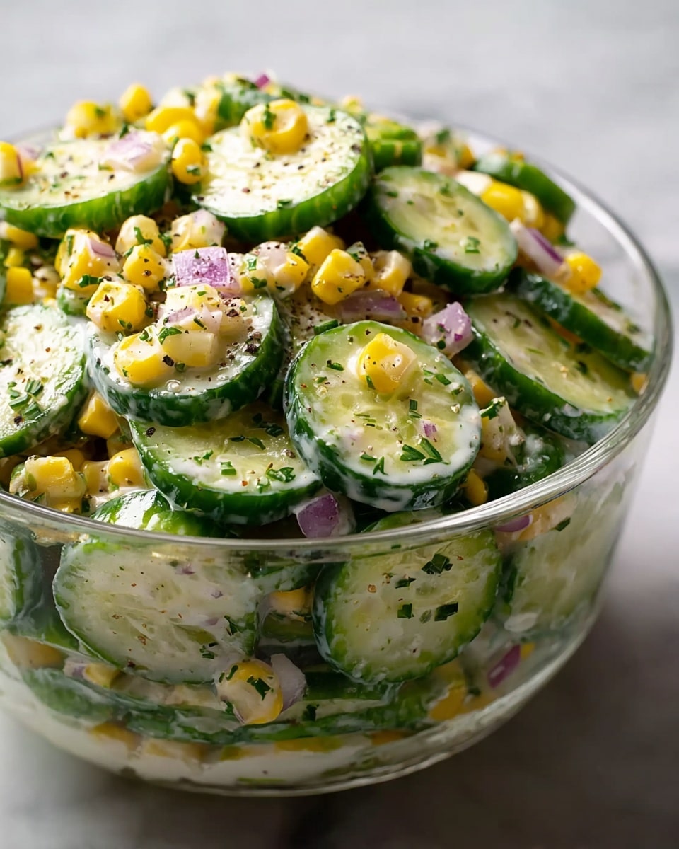 A clear glass bowl filled with a creamy salad made of sliced cucumbers layered thickly, each slice covered with a white, creamy dressing mixed with small green herbs. Scattered on top and mixed throughout are yellow corn kernels and small bits of red onion adding pops of bright color. The salad looks fresh and moist with a smooth, slightly chunky texture, resting on a white marbled background. Photo taken with an iphone --ar 4:5 --v 7