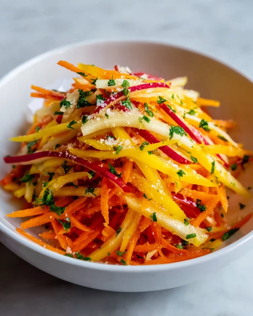 The image shows a white bowl filled with a fresh salad made of thin carrot and apple sticks, mixed with small green herb pieces sprinkled on top. The layers are mostly orange from carrots and light cream from apples, with green herb bits adding color contrast. The texture looks crunchy and fresh, and the salad is lightly dressed, giving some shine to the sticks. The bowl sits on a white marbled surface. photo taken with an iphone --ar 4:5 --v 7