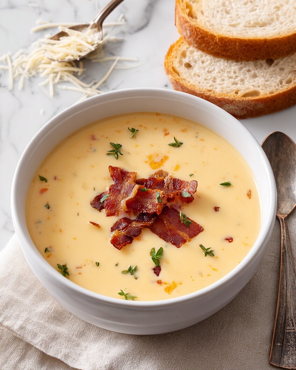 A white bowl filled with creamy light yellow soup, with visible small bits of orange and white floating inside. On top, there are several crispy brown bacon strips arranged in the center, surrounded by small green herb leaves scattered evenly. The bowl sits on a light-colored cloth napkin on a white marbled texture surface. In the background to the right, two thick slices of bread rest close together, and a spoon with some scattered grated cheese is partially visible. Photo taken with an iphone --ar 4:5 --v 7