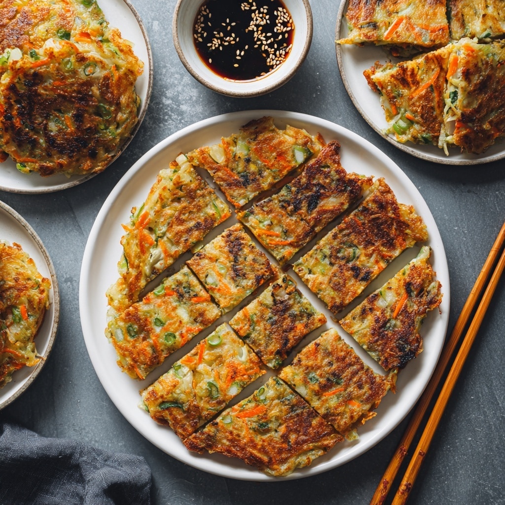A white plate shows a pan-fried vegetable pancake cut into nine square pieces with a golden-brown crispy outer layer and visible bits of green onions, orange carrot strips, and darker charred spots on top. The pancake has a thick, slightly uneven texture with some vegetable pieces sticking out. Next to the plate are a pair of light brown wooden chopsticks resting on the edge. In the background, there are two more white plates, each holding a similar vegetable pancake, one also cut into squares and the other left whole. A small round bowl with dark dipping sauce sprinkled with white sesame seeds sits to the right. All dishes are on a dark grey surface with a white marbled texture. photo taken with an iphone --ar 4:5 --v 7