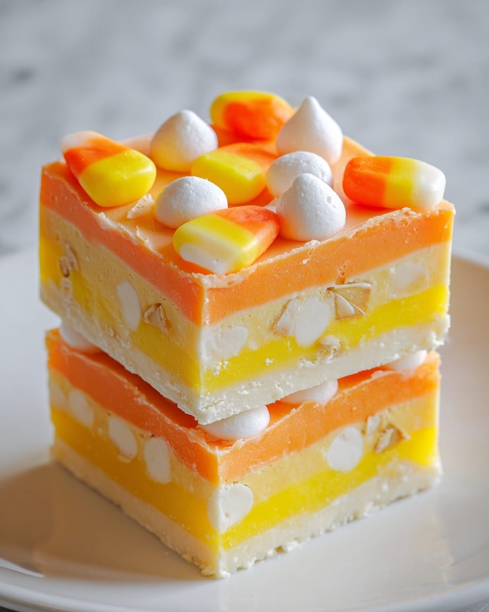 The image shows two stacked square fudge pieces with four clear layers. The bottom layer is thick and white with a smooth texture. Above it is a thick yellow layer with small white chunks inside. The third layer is orange and smooth, about the same thickness as the yellow. The top layer is decorated with scattered candy corn pieces, showing yellow, orange, and white colors, along with small white round candies. The fudge is on a white plate set on a white marbled surface. photo taken with an iphone --ar 4:5 --v 7