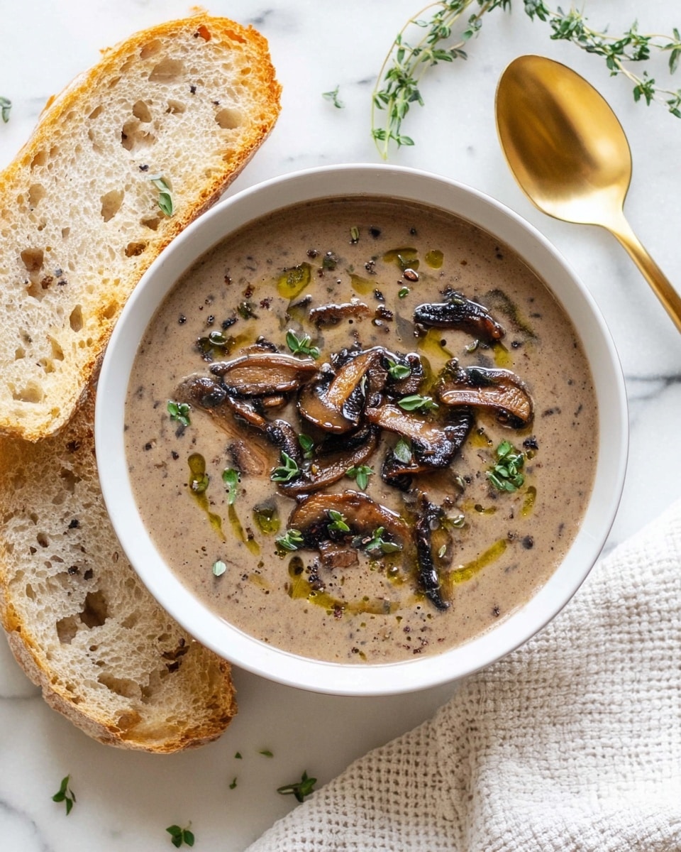 A white bowl filled with creamy brown mushroom soup, topped with dark brown sautéed mushroom slices and small green herb leaves scattered on top, with drizzles of olive oil adding a shiny golden touch. The bowl sits on a white marbled surface next to two slices of light beige bread with visible air pockets and darker spots. A golden spoon and a white textured cloth are placed near the bowl, with fresh green herb sprigs beside the bread. photo taken with an iphone --ar 4:5 --v 7