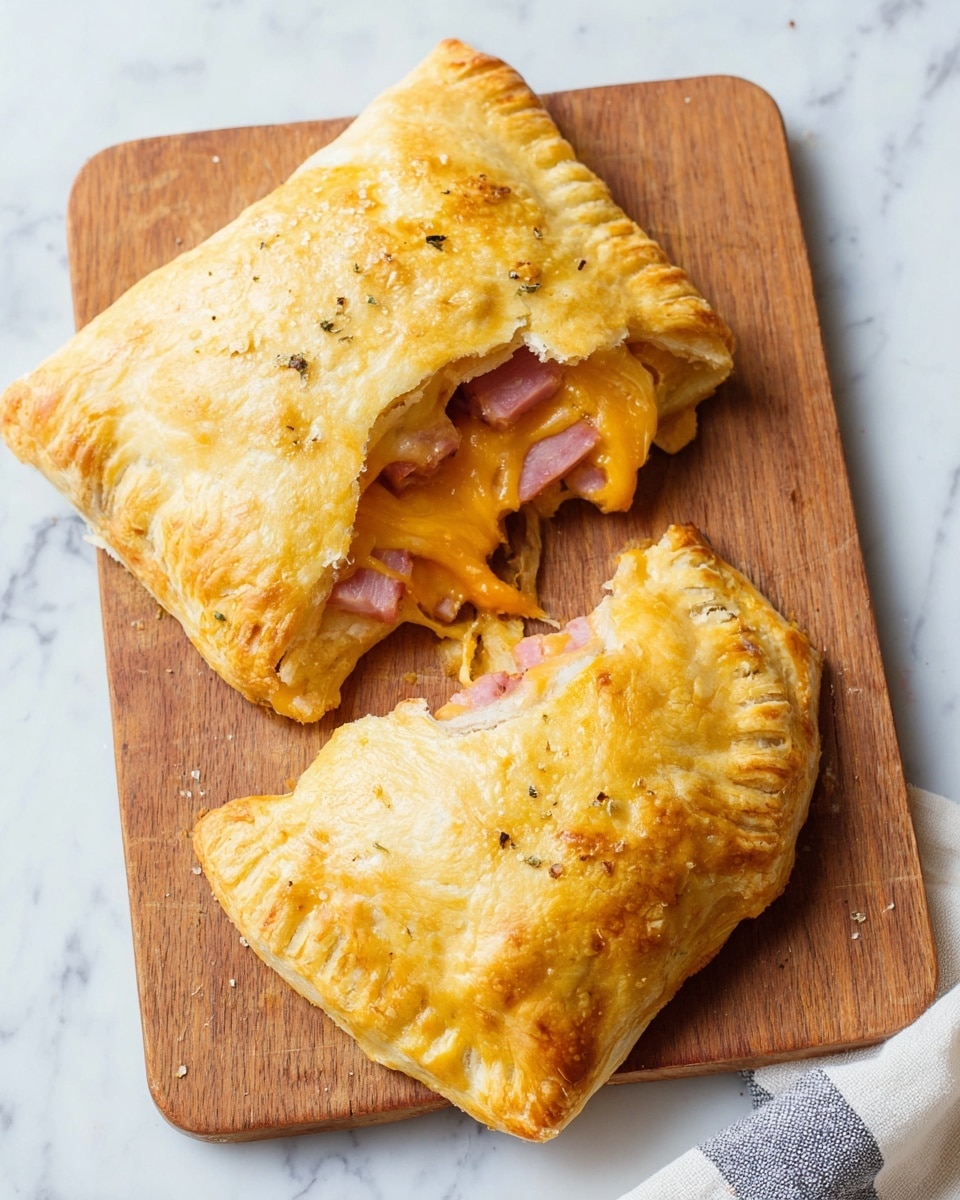 Two baked folded pastries rest on a wooden cutting board on a white marbled surface. Each pastry has a golden-brown crust with a soft and slightly flaky texture showing small fork marks around the edges. One pastry is partially broken open, revealing the inside filled with layers of warm melted orange cheese and pink ham chunks. The ham and cheese layers are visible overflowing slightly from the torn part of the crust. Photo taken with an iphone --ar 4:5 --v 7