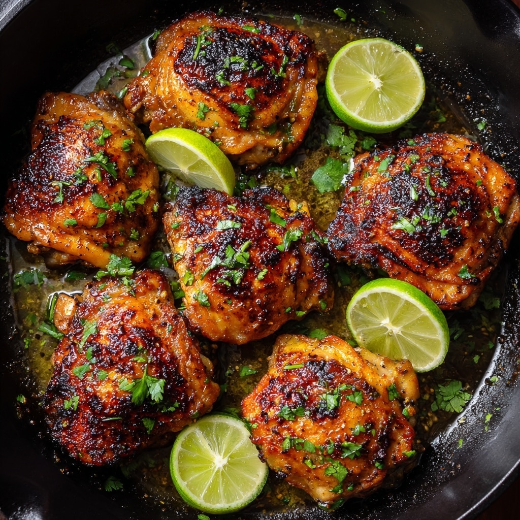 The image shows a black cast iron pan filled with six pieces of cooked chicken thighs, each piece golden brown with charred spots, giving a crispy texture. The chicken is garnished with finely chopped bright green cilantro leaves scattered on top, adding freshness. Two lime wedges with pale green skin and juicy interior rest in the pan among the chicken pieces, hinting at a citrus flavor. The chicken appears juicy and well-seasoned with visible specks of black pepper and possibly minced garlic. The focus is on the close-up details of the chicken's crispy skin and the vibrant cilantro, all set against the dark, oily surface of the pan. Photo taken with an iphone --ar 4:5 --v 7