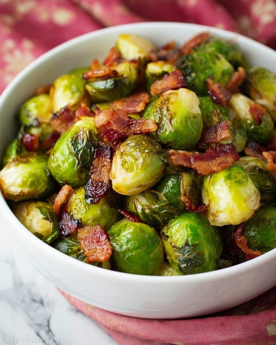 The image shows a white bowl filled with roasted Brussels sprouts and pieces of crispy bacon. The Brussels sprouts have a mix of bright green and browned, charred areas, while the bacon is a deep reddish-brown with a slightly shiny texture. The bowl sits on a white marbled surface, and the vegetables look hot and cooked evenly, with some sprouts cut in half showing their soft interior. Photo taken with an iphone --ar 4:5 --v 7