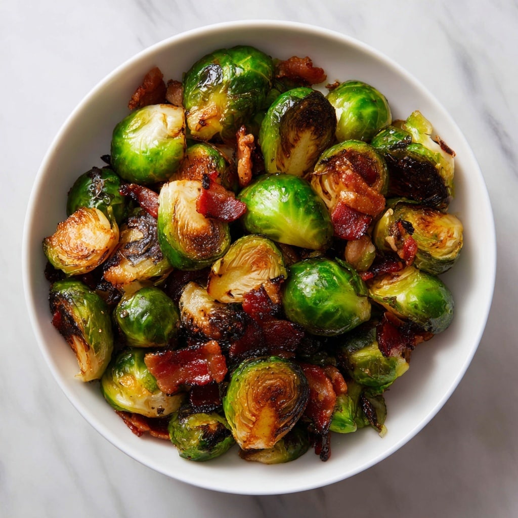 A close-up view of a white bowl filled with roasted Brussels sprouts mixed with crispy browned bacon pieces. The Brussels sprouts are bright green with some charred spots, showing a mix of smooth and slightly wrinkled textures. The bacon is cut into small strips that are reddish-brown with crispy edges, scattered evenly throughout the bowl. The bowl sits on a white marbled surface with a soft, blurred background showing soft red and pink cloth. photo taken with an iphone --ar 4:5 --v 7