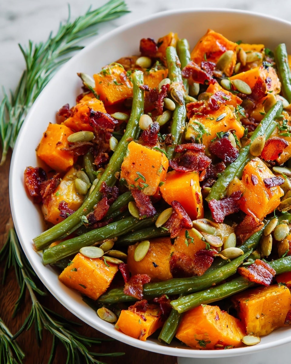 A close-up view of a white bowl filled with a colorful mix of roasted vegetables and toppings. The bottom layer shows large, bright orange cubes of roasted butternut squash with a slightly caramelized texture. Layered among the squash are whole green beans, vibrant and slightly charred on the edges. Scattered evenly across the dish are small pieces of crispy, reddish-brown bacon adding a crunchy texture. On top, light brown pumpkin seeds are spread for a nutty touch. Tiny green herb leaves add a fresh pop of color over the whole dish. The bowl is set on a white marbled surface, with some rosemary sprigs visible nearby. photo taken with an iphone --ar 4:5 --v 7
