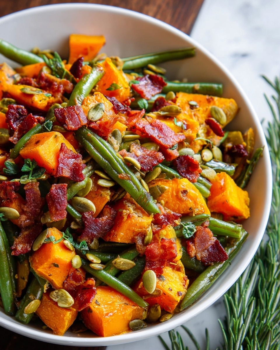 A black cast iron pan filled with roasted green beans and cubed orange butternut squash as the main layers, mixed with small crispy red-brown bacon pieces and scattered green pumpkin seeds on top. The green beans are long and whole, lying across the bright orange cubes evenly. The bacon pieces add a shiny, slightly crispy texture and a contrast of deep red colors. The pumpkin seeds provide small greenish nutty spots scattered over the dish. The pan is placed on a wooden surface with sprigs of green herbs on the sides. Photo taken with an iphone --ar 4:5 --v 7