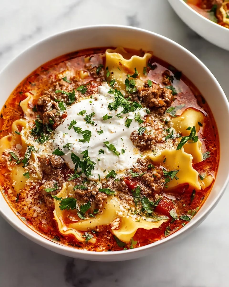 A white bowl filled with a rich tomato-based soup layered with ground meat and wide, ruffled pasta strips in a deep reddish-orange broth. On top, a generous dollop of creamy white cheese contrasts with the vibrant sauce, sprinkled with fresh green herbs and bits of grated cheese. The pasta floats around the edges with a soft texture, while the meat is scattered throughout. The bowl sits on a white marbled texture surface. Photo taken with an iphone --ar 4:5 --v 7