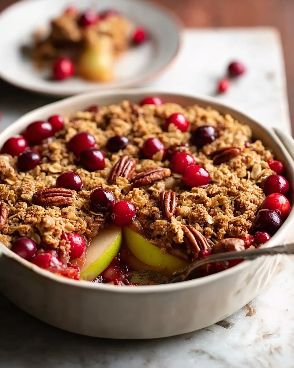 A round white bowl holds a baked dessert with a crumbly, golden-brown oat topping mixed with whole pecans scattered across the surface. Bright red cranberries are spread evenly on top and along the sides, some nestled into the oat crumb layer. Underneath the topping, a thick layer of soft, cooked fruit including a piece of sliced green pear is visible through a missing section near the front. The bowl sits on a white marbled textured surface, and in the background, there is an out-of-focus white plate with a small piece of the dessert and more cranberries. Photo taken with an iphone --ar 4:5 --v 7