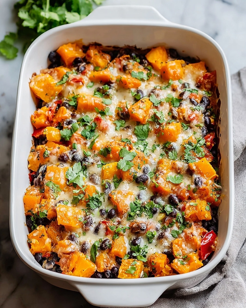 A white ceramic baking dish is filled with a baked casserole layered with bright orange chunks of roasted butternut squash mixed evenly with black beans and small pieces of red bell pepper. There is a melted, light golden cheese layer spread throughout the top, slightly browned around the edges. Fresh chopped green cilantro is sprinkled generously on top giving a fresh contrast to the warm colors. The dish sits on a white marbled surface with a light gray cloth nearby. Photo taken with an iphone --ar 4:5 --v 7