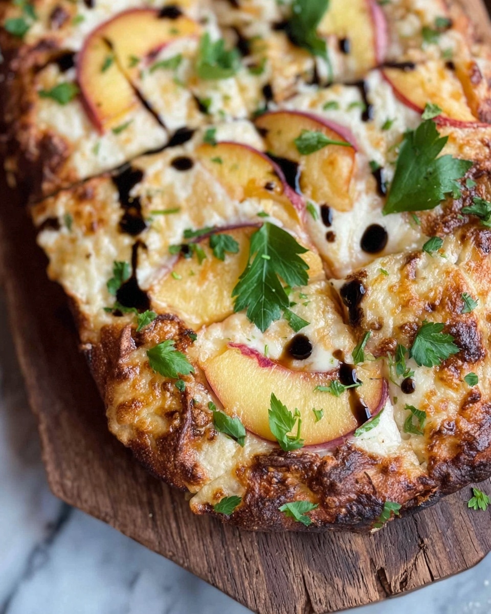 A close-up view of a flatbread pizza with a golden-brown bubbly cheese layer covering the surface. Thin slices of peach with red edges are scattered evenly across the pizza, partially covered by melted cheese that has slightly browned in spots. Bright green parsley leaves are placed on top, adding a fresh color contrast. Tiny drops of dark balsamic glaze are drizzled over the pizza, adding dark dots against the creamy and golden tones. The flatbread rests on a rustic wooden board, which is set against a white marbled surface. Photo taken with an iphone --ar 4:5 --v 7
