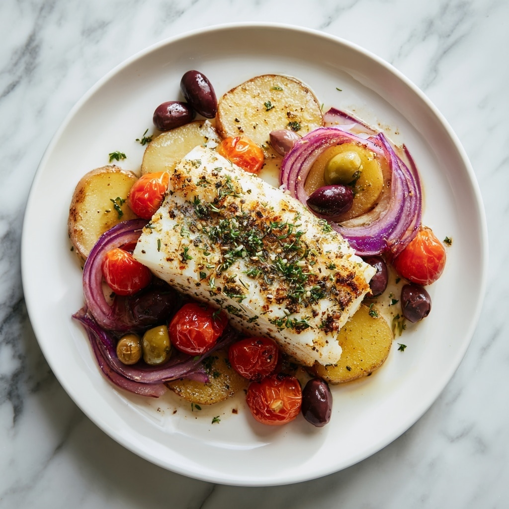 A white plate holds a piece of grilled white fish fillet placed at the center, showing a slightly golden-brown surface sprinkled with herbs and black pepper. Underneath the fish is a layer of thinly sliced purple onions and round potato slices. Surrounding the fish are whole roasted cherry tomatoes and a mix of black and green olives scattered around the plate. The overall colors are warm and natural, with the fish's white and golden tones contrasting against the deep reds, purples, and greens of the vegetables and olives. The plate sits on a white marbled textured surface. Photo taken with an iphone --ar 4:5 --v 7