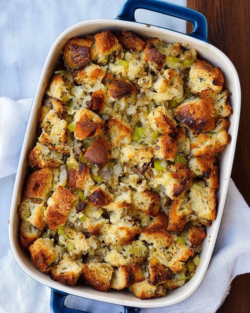 A rectangular white baking dish with blue handles is filled with a baked stuffing. The stuffing has large, rough chunks of golden brown bread mixed with small pieces of pale green celery and translucent cooked onions. The bread pieces have a crispy texture on top with some darker browned edges, and the mixture looks moist and fluffy inside. The dish is placed on a white marbled surface with a white cloth napkin partially visible underneath. photo taken with an iphone --ar 4:5 --v 7