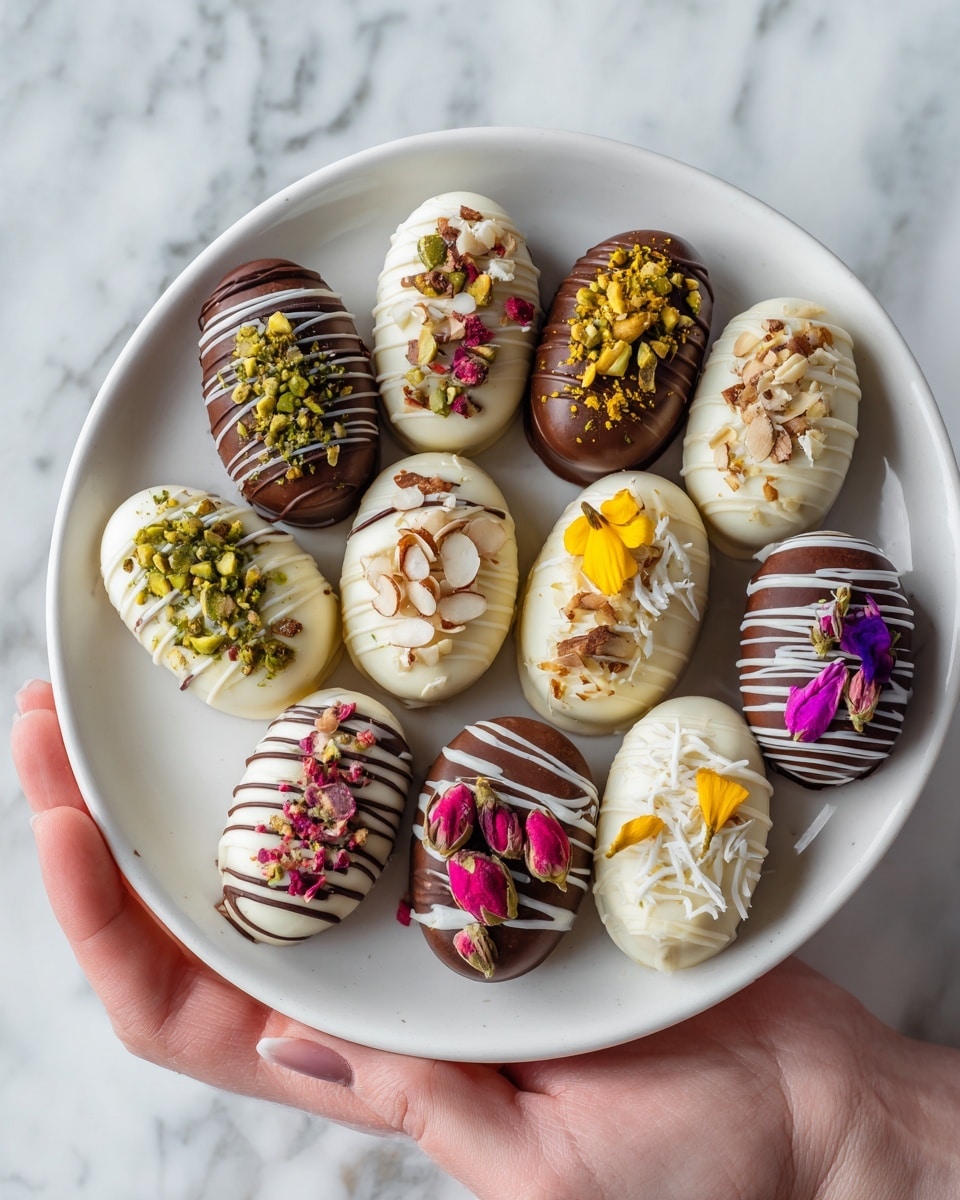 A white plate holds sixteen small, oval-shaped treats arranged in loose rows. The treats have varied layers: some are coated in smooth dark brown chocolate, others in white chocolate with swirls or smooth texture. They are decorated with toppings like chopped green pistachios, dried red rose petals, shredded white coconut, thin almond slices, and small edible flowers in yellow and purple. The plate rests on a white marbled surface, and there is a woman's hand holding the edge of the plate. The overall look is colorful with a mix of textures, from smooth chocolate to crunchy nuts and delicate petals. Photo taken with an iphone --ar 4:5 --v 7