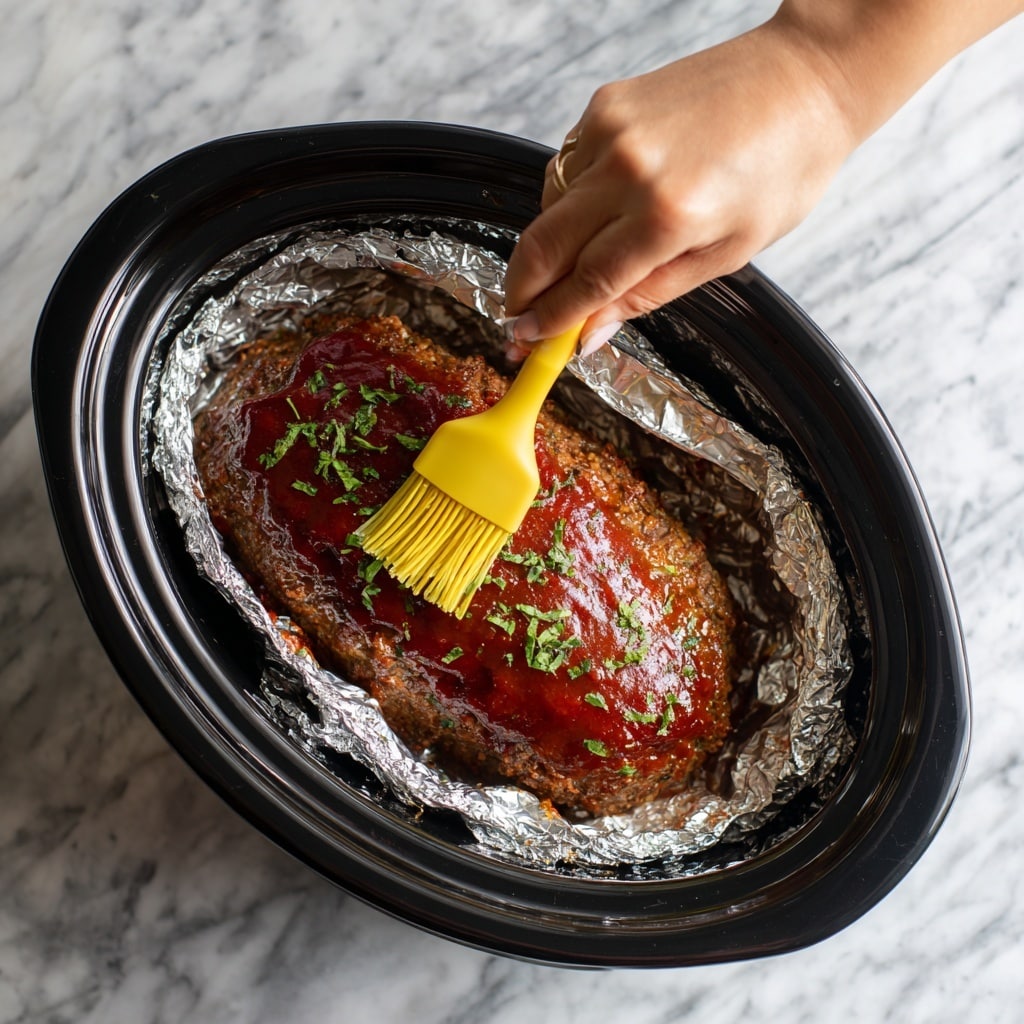 The image shows a large oval meatloaf inside a black slow cooker lined with shiny aluminum foil. The meatloaf is rich brown with a glossy ketchup glaze being brushed on top with a yellow silicone brush held by a woman's hand. There are small green herb pieces scattered on the meatloaf surface, adding a touch of color. The slow cooker sits on a white marbled textured surface. Photo taken with an iphone --ar 4:5 --v 7